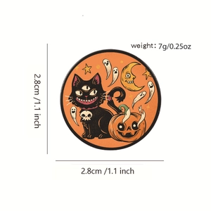 Detail view of 2.8cm Halloween enamel pin featuring a black cat, pumpkin, and skull