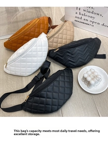 Detail of quilted faux leather belt bag with golden zippers and adjustable straps