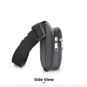 Side view of multi-pocket waterproof gray-blue waist bag with durable zippers and buckle