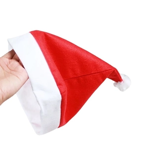 Classic red and white non-woven Christmas hat with a fluffy white ball on top