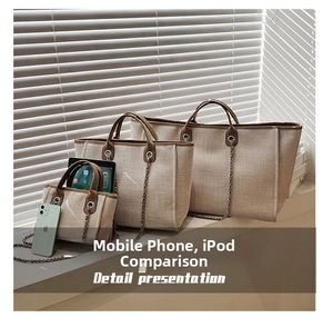 Three-piece jute tote bag set in large, medium and small sizes with PU handles