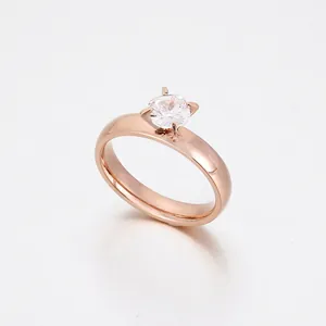 Solitaire Ring Stainless Steel Zircon Four Prong Korean Style Minimalist Jewelry For Women Engagement Daily Wear