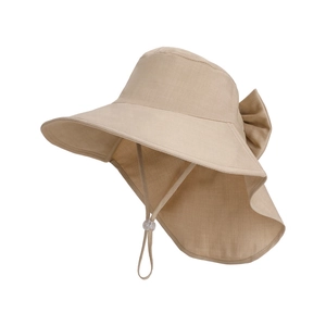 Khaki wide brim sun hat with neck protection cape and decorative bow for women