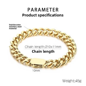 Détails du bracelet cubain en acier inoxydable doré, largeur 11mm et longueur 210mm