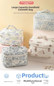 Macro shot of large capacity floral cotton vanity bags with quilted fabric textures