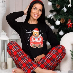 Christmas Theme Women Pajamas Polyester Elastane Plaid Long Pants Round Neck Long Sleeve Cartoon Print Loungewear