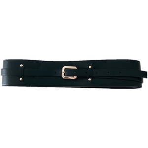 Chic wide black PU leather waist belt for women with gold square buckle and rivet studs