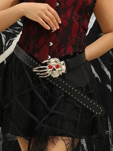 Gothic punk leather belt with silver skull buckle, red gem eyes and metal rivets
