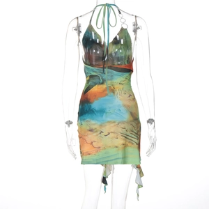 Close-up of halter neck tie and abstract print on this summer backless dress