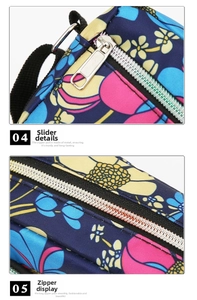Detail of durable metal zipper pull and smooth gliding closure on floral nylon bag