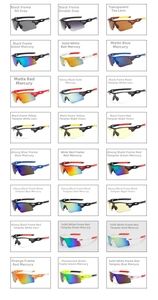 Multiple styles of sports cycling sunglasses with various colorful frames and lens coatings