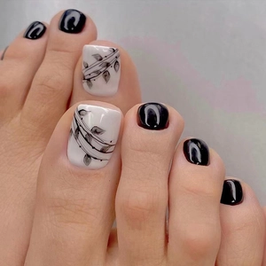Press On Toenails Glossy Black White Ink Leaf Pattern Artificial Toe Nail Tips For Women DIY Pedicure