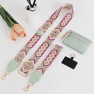 Ethnic geometric woven wide bag strap with mint green coin purse and gold hardware
