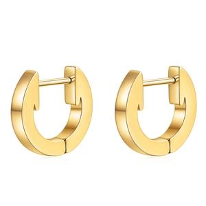 Pair of minimalist 3mm gold U-shaped geometric stainless steel hoop earrings on white background