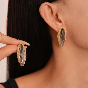 Elegant marquise grey crystal stud earrings with gold textured border for women