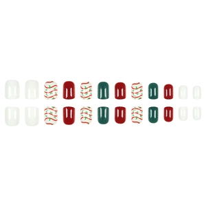 Short square Christmas press-on nails with white ribbon and red-green festive motifs