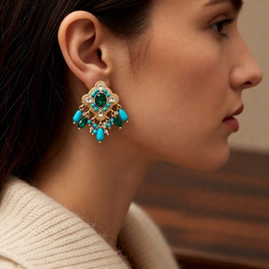 Vintage bohemian glass tassel earrings with green emerald gems and blue bead drops