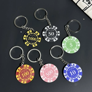 Creative acrylic casino chip keychain set in six vibrant colors with metal chain