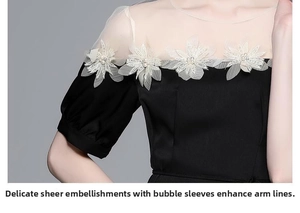 Détail d'appliqués floraux sur décolleté en mesh et manches bouffantes en satin