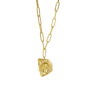 French vintage irregular portrait pendant necklace with golden paperclip chain for women
