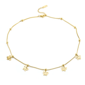 Gold titanium steel necklace with five hollow butterfly pendants and small beads for women