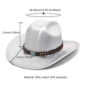 Chapeau de cowboy argenté avec perle turquoise et large bord en feutre pour homme et femme