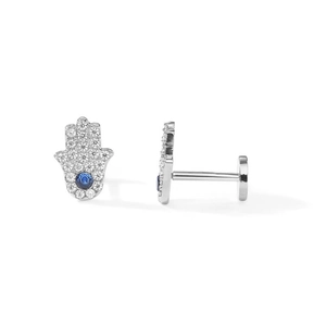 Detail view of silver Hamsa Hand screw back earrings with blue stones and clear crystals