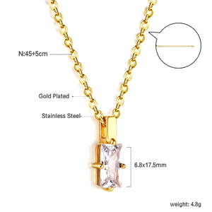 Macro view of gold-plated stainless steel necklace with rectangular zircon pendant details