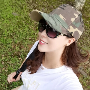 Outdoor camouflage baseball cap paired with stylish sunglasses and white casual t-shirt