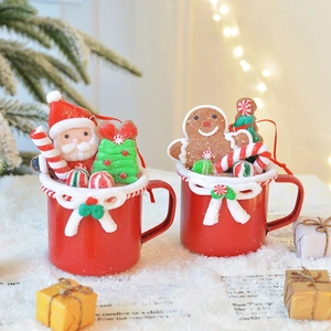 Festive Christmas mug ornaments featuring Santa, gingerbread man and tree decorations