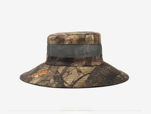 Detail of leaf camouflage fishing hat featuring breathable grey side mesh panels