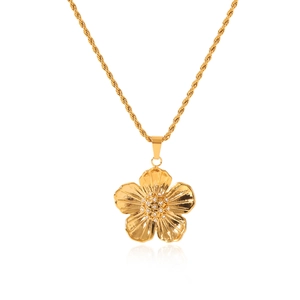 Golden flower pendant necklace in titanium steel with zircon inlay on rope chain
