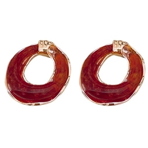 Minimalist round resin stud earrings with red-brown twisted texture and gold metal frame