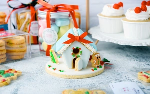 Detailed view of 3D Christmas gingerbread house and person shaped cookies on a festive tray