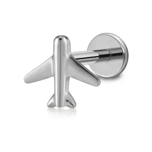 Airplane Stud Earrings G23 Titanium Alloy Internally Threaded Labret Flat Back Cartilage Piercing Jewelry Novelty Unisex