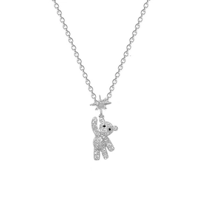 Elegant silver teddy bear pendant necklace with sparkling zircons on a fine chain
