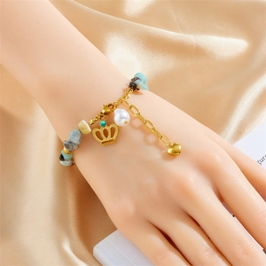 Irregular stone stainless steel bracelet with crown pendant and baroque pearl charm