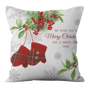 Christmas linen pillowcase with red plaid gloves and holly pattern for holiday home decor