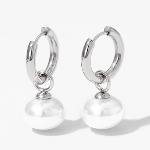 French vintage style silver hoop earrings featuring large round white pearls for women