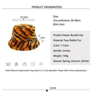 Winter faux rabbit fur bucket hat with tiger print pattern and size specification table