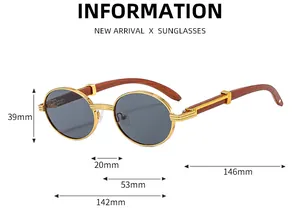 Detailed size chart for retro wood-grain oval sunglasses with dimensions in mm
