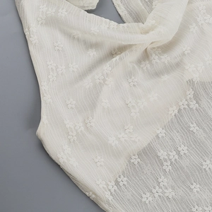 Close-up of white lace mesh fabric featuring intricate floral embroidery details