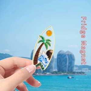 Tropical surfboard metal fridge magnet with Sanya coconut tree design for souvenir