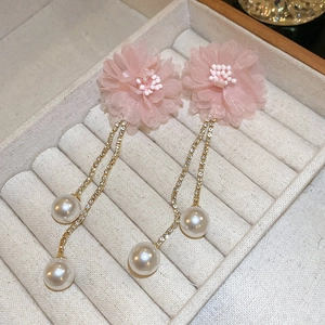 Pink fabric flower earrings with sparkling rhinestone tassels and elegant pearls