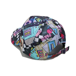 Rear view of 90s retro baseball cap with disco party prints and adjustable metal buckle