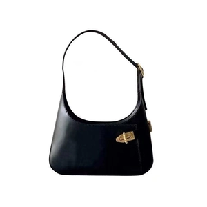 Classic black hobo shoulder bag in glossy leather with gold twist-lock fastener and retro style