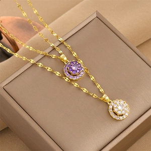 Round Flower Cluster Pendant Necklace Gold Plated Stainless Steel Copper Zircon Inlaid Elegant Jewelry For Women