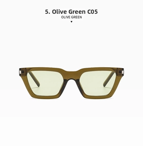 Detail view of olive green rectangular sunglasses with translucent lenses and silver accents