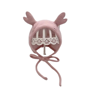 Cute infant cotton earflap hat with 3D deer antlers in dusty pink for autumn and winter