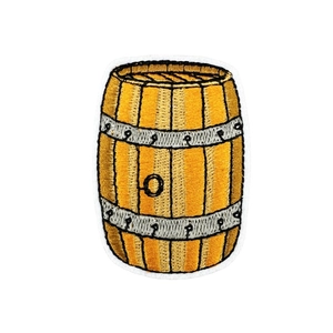 Classic yellow beer barrel embroidery patch with detailed stitching on white background